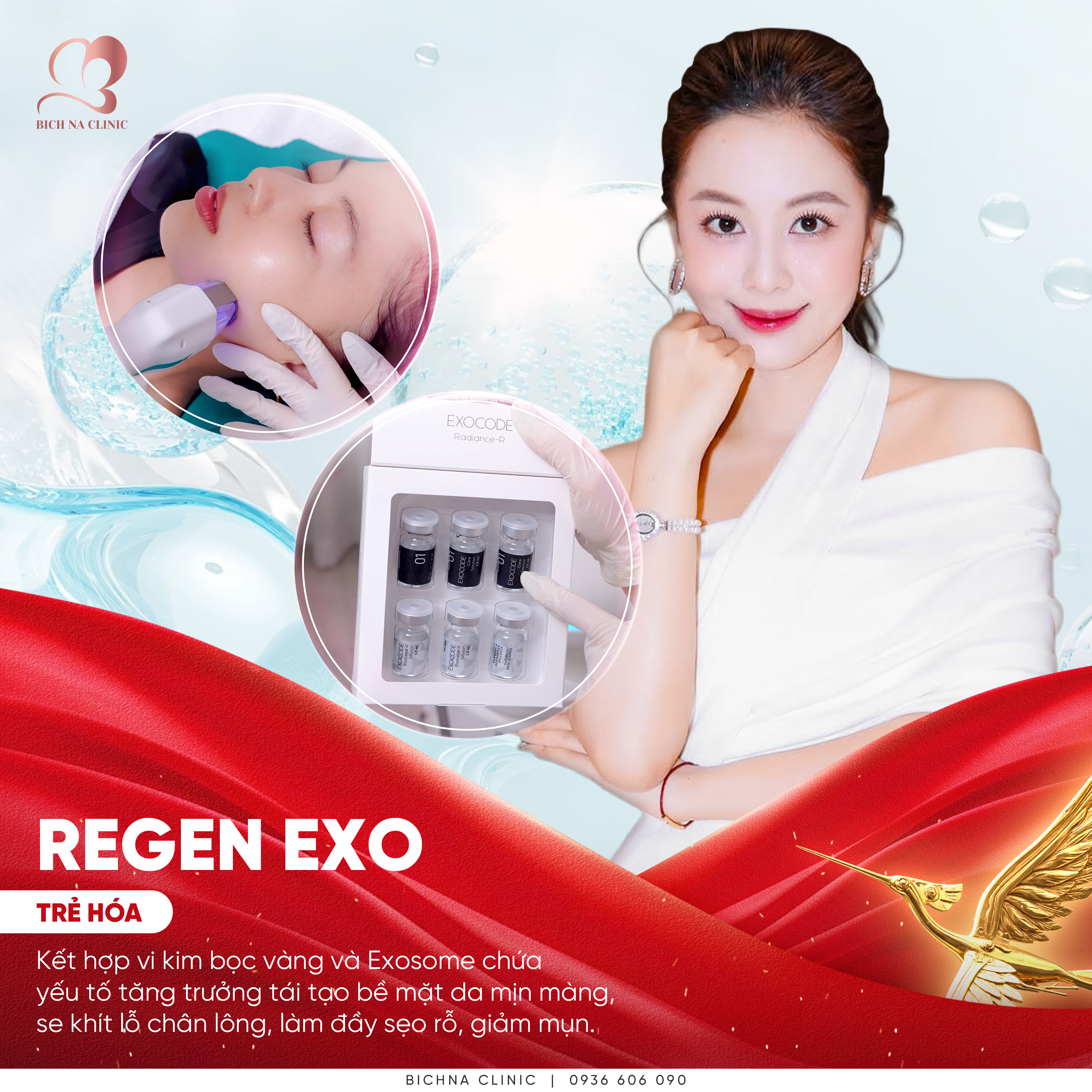 Regen Exo tại BichNa Clinic kết hợp vi kim bọc vàng và Exosome hỗ trợ cải thiện sẹo rỗ, giảm mụn, se khít lỗ chân lông và trẻ hóa da.